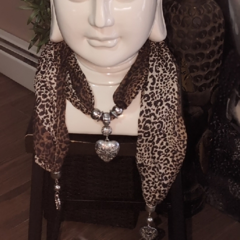 Leopard Print Scarf with Heart Pendant